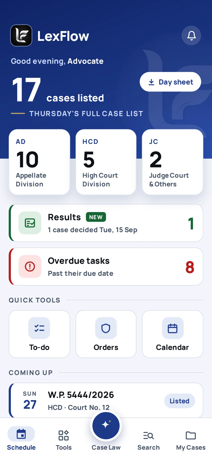 The LexFlow Schedule: 17 cases listed tomorrow — 10 in the Appellate Division, 5 in the High Court Division and 2 in the Judge Court