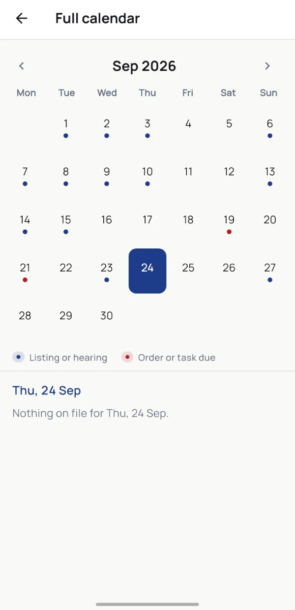 LexFlow full calendar: a month grid with every hearing and listing marked