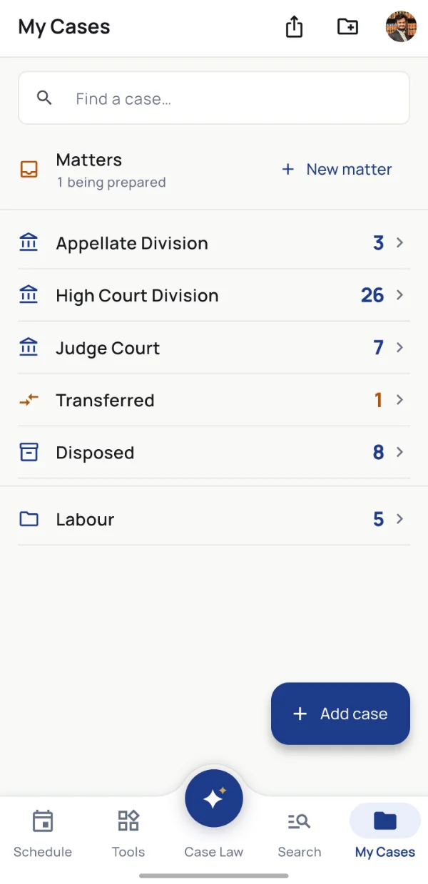My Cases: cases grouped by Appellate Division, High Court Division and Judge Court