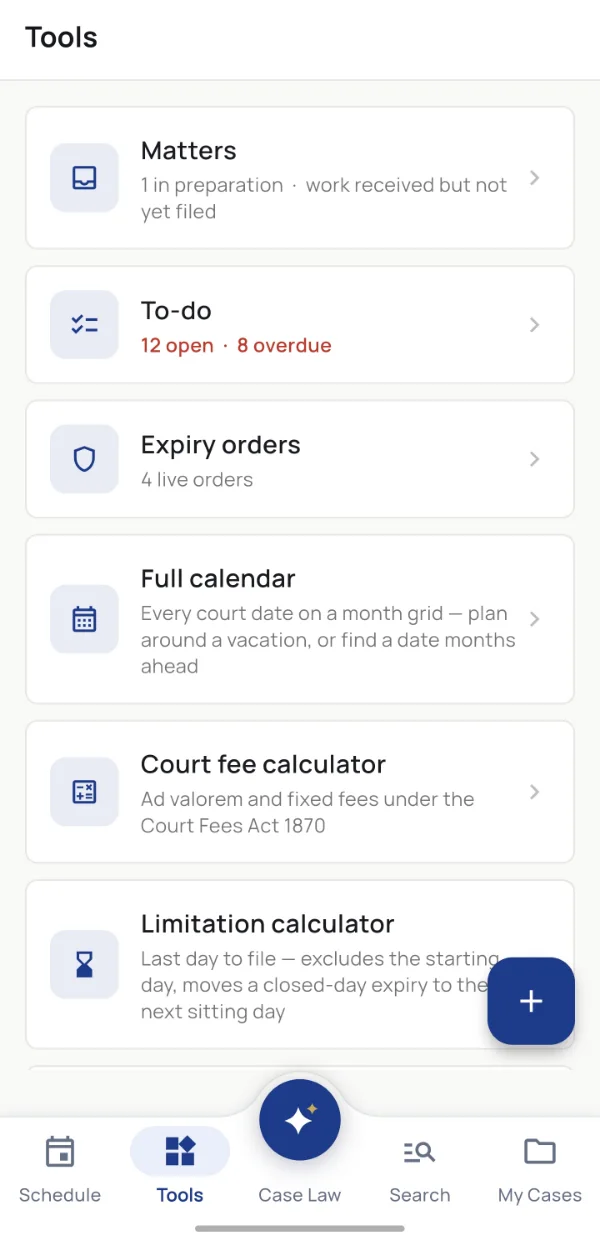 Tools: matters, to-do, expiry orders, calendar, court fee and limitation calculators